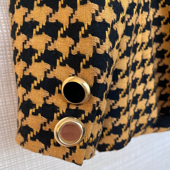 VINTAGE Houndstooth Black Gold Plaid Blazer Structured Flap Pockets Blac… - Picture 16 of 16